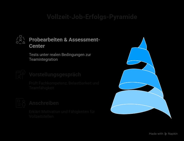 Grafik „Vollzeit-Job-Erfolgs-Pyramide“ mit drei Stufen: Anschreiben, Vorstellungsgespräch sowie Probearbeiten und Assessment-Center, dargestellt als blaue Pyramide.